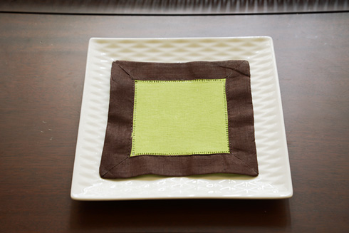 Multicolor Hemstitch Cocktail Napkin 6x6". Hot Green & Chocolate